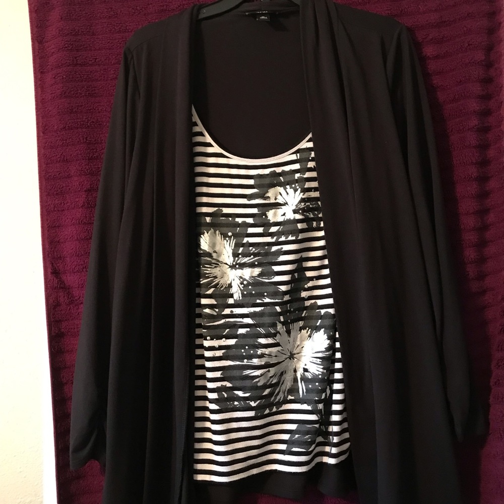 Black and white striped one piece blouse.